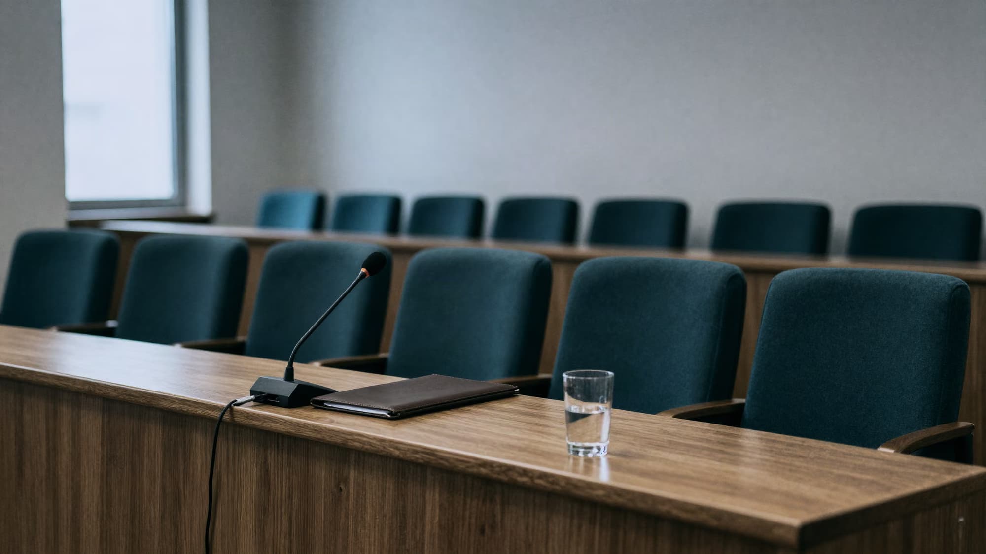 Micro et parapheur fermé posés sur le pupitre d’une salle de conseil